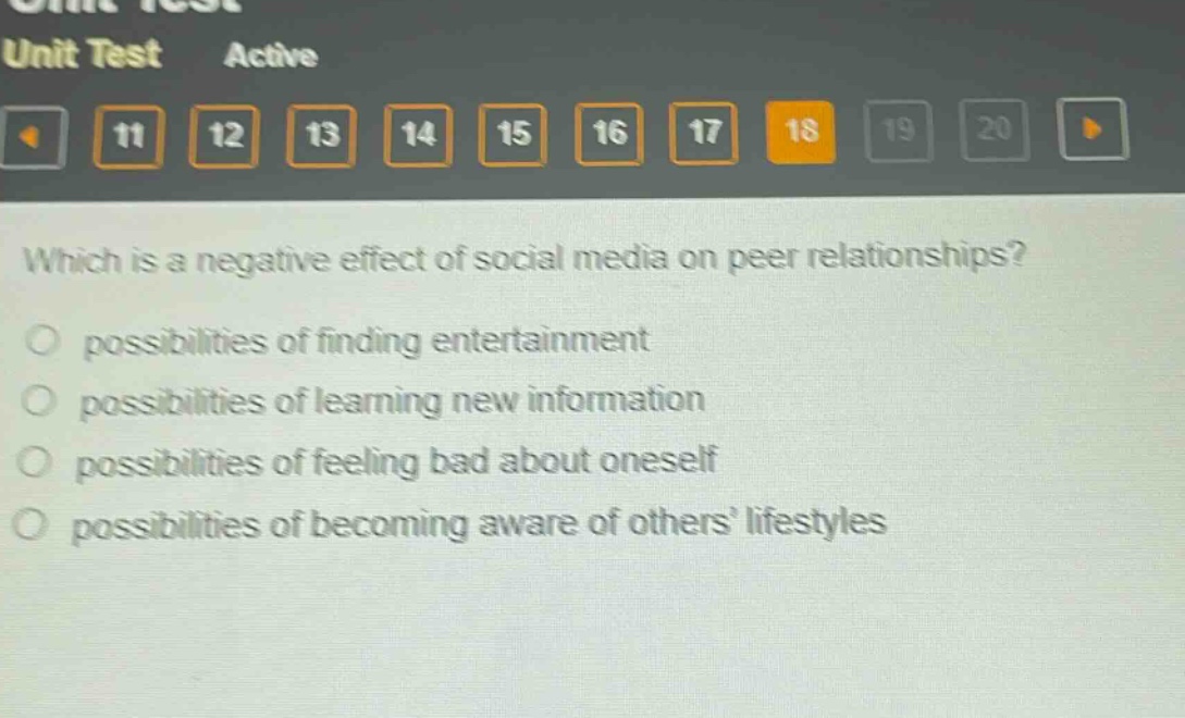 which is a negative effect of social media on peer relationships?\n possibilities of finding entertainment\n possibilities of learning new information\n possibilities of feeling bad about oneself\n possibilities of becoming aware of others’ lifestyles