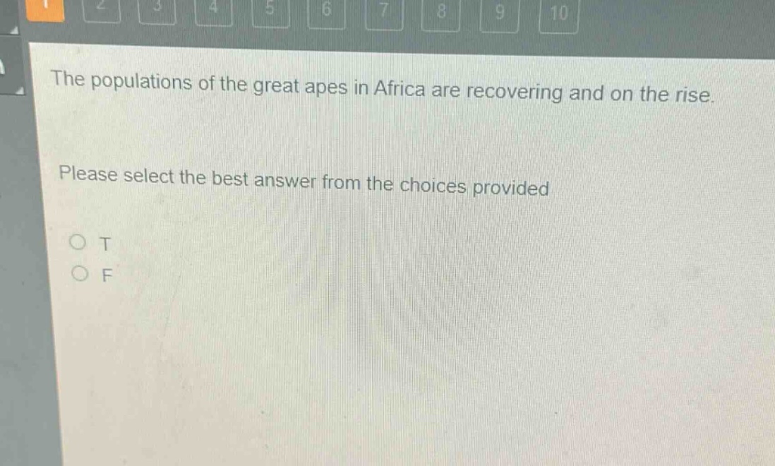 the populations of the great apes in africa are recovering and on the rise. please select the best answer from the choices provided\no t\no f