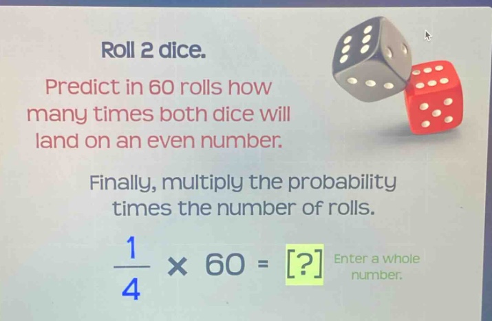 roll 2 dice. predict in 60 rolls how many times both dice will land on an even number. finally, multiply the probability times the number of rolls. $\frac{1}{4} \times 60 = ?$ enter a whole number.