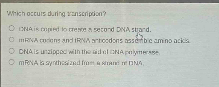 which occurs during transcription?\no dna is copied to create a second dna strand.\no mrna codons and trna anticodons assemble amino acids.\no dna is unzipped with the aid of dna polymerase.\no mrna is synthesized from a strand of dna.