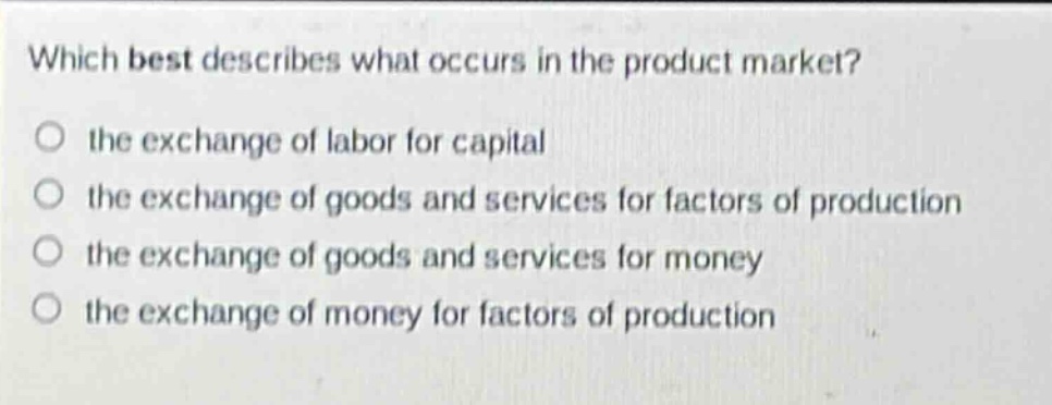 which best describes what occurs in the product market?\no the exchange of labor for capital\no the exchange of goods and services for factors of production\no the exchange of goods and services for money\no the exchange of money for factors of production