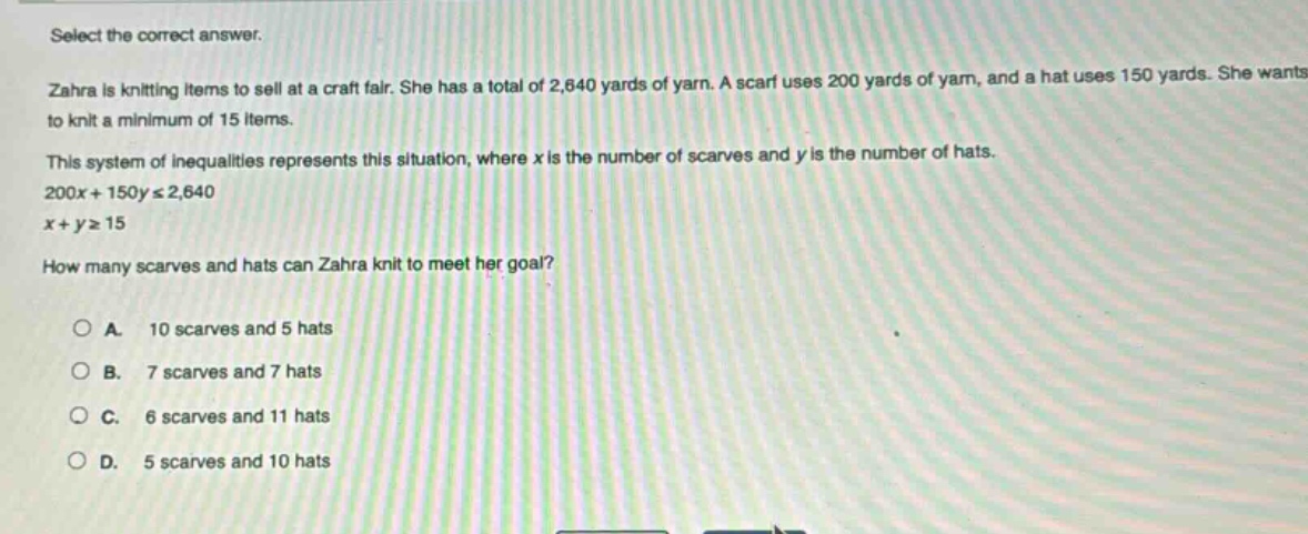 select the correct answer.\nzahra is knitting items to sell at a craft fair. she has a total of 2,640 yards of yarn. a scarf uses 200 yards of yarn, and a hat uses 150 yards. she wants to knit a minimum of 15 items.\nthis system of inequalities represents this situation, where x is the number of scarves and y is the number of hats.\n200x + 150y ≤ 2,640\nx + y ≥ 15\nhow many scarves and hats can zahra knit to meet her goal?\na. 10 scarves and 5 hats\nb. 7 scarves and 7 hats\nc. 6 scarves and 11 hats\nd. 5 scarves and 10 hats
