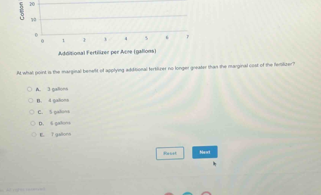 at what point is the marginal benefit of applying additional fertilizer no longer greater than the marginal cost of the fertilizer?\n\na. 3 gallons\nb. 4 gallons\nc. 5 gallons\nd. 6 gallons\ne. 7 gallons