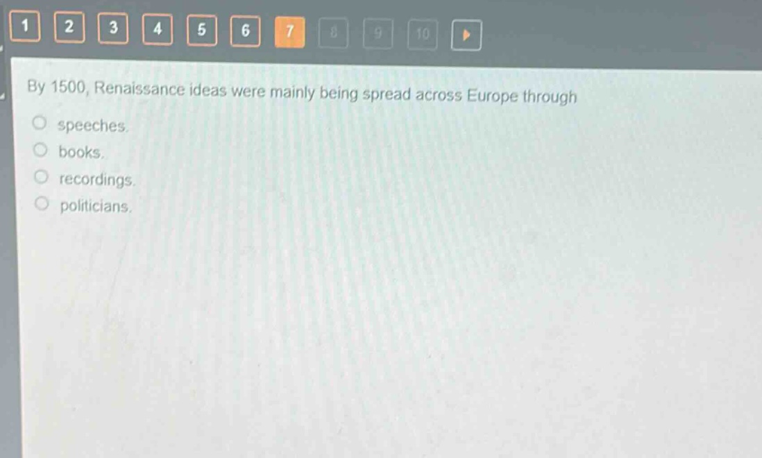 by 1500, renaissance ideas were mainly being spread across europe through\n○ speeches.\n○ books.\n○ recordings.\n○ politicians.