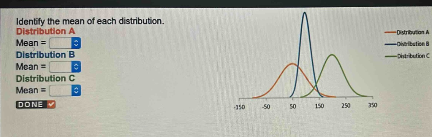 identify the mean of each distribution. distribution a mean = distribution b mean = distribution c mean = done