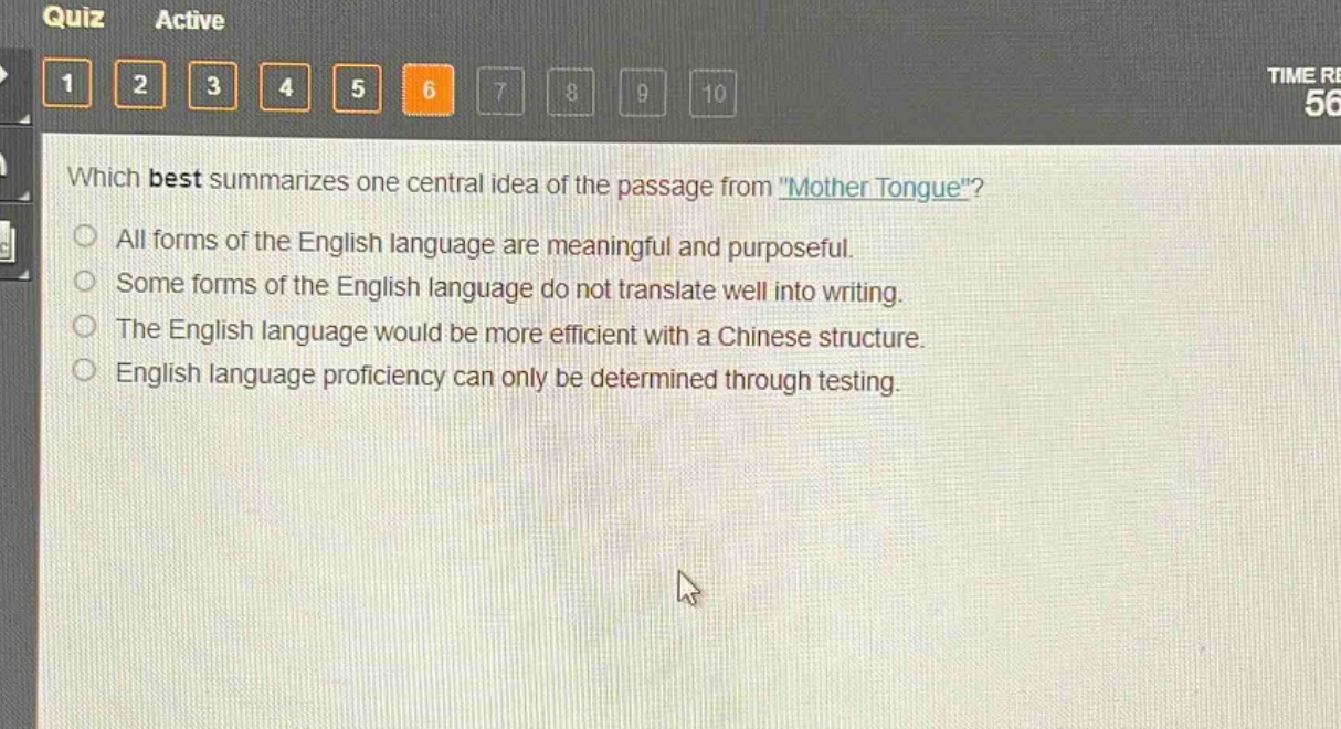 which best summarizes one central idea of the passage from \mother tongue\?\nall forms of the english language are meaningful and purposeful.\nsome forms of the english language do not translate well into writing.\nthe english language would be more efficient with a chinese structure.\nenglish language proficiency can only be determined through testing.