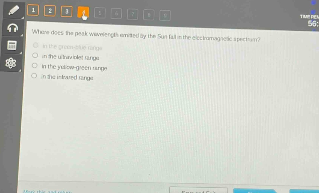 where does the peak wavelength emitted by the sun fall in the electromagnetic spectrum?\n in the green - blue range\n in the ultraviolet range\n in the yellow - green range\n in the infrared range