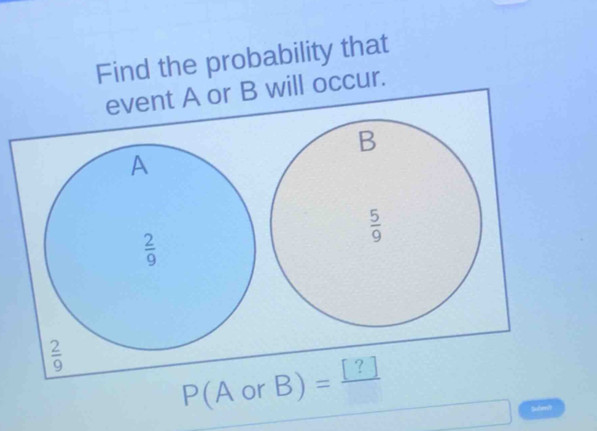 find the probability that event a or b will occur. p(a or b) = ?