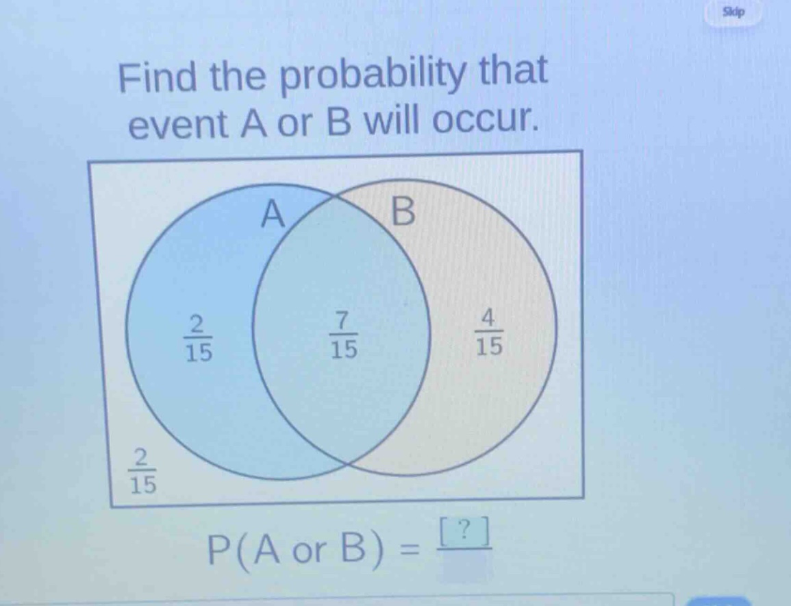 find the probability that event a or b will occur.\np(a or b) = ?