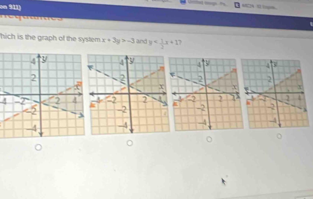 which is the graph of the system $x + 3y>-3$ and $y<\frac{1}{2}x + 1$?