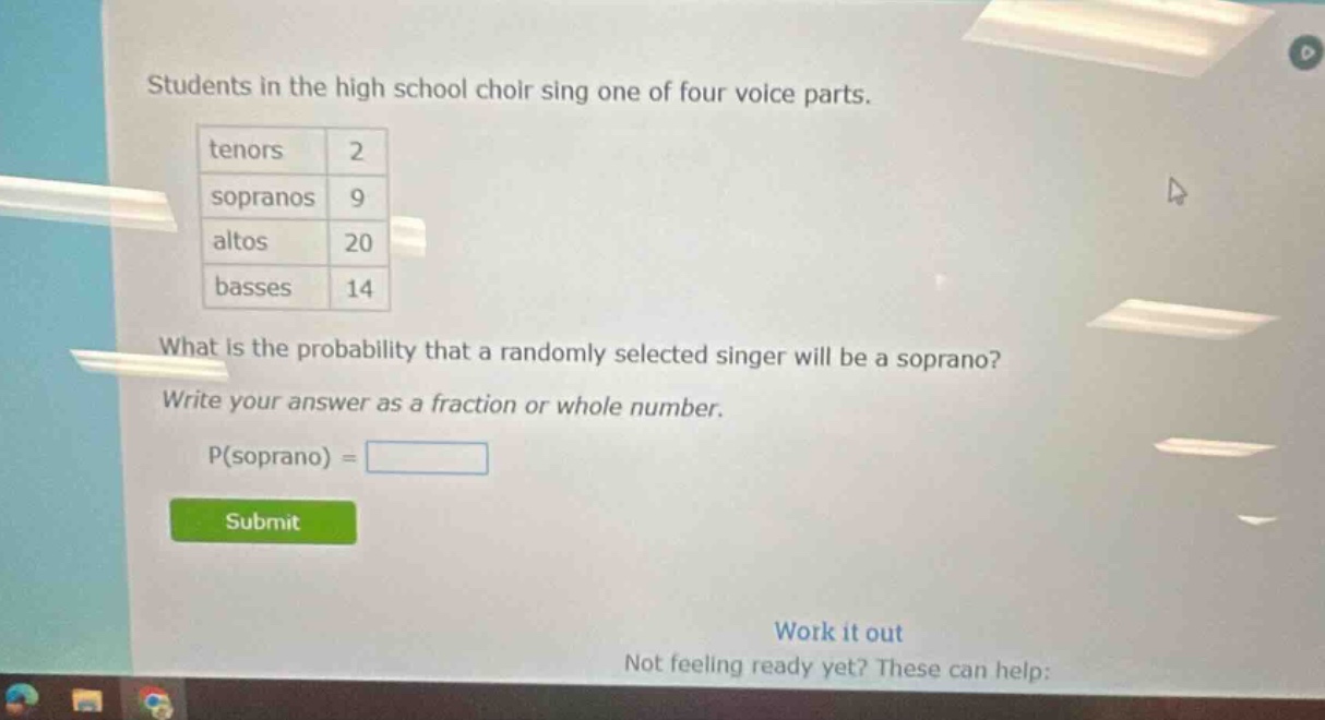 students in the high school choir sing one of four voice parts. tenors 2 sopranos 9 altos 20 basses 14 what is the probability that a randomly selected singer will be a soprano? write your answer as a fraction or whole number. p(soprano) =