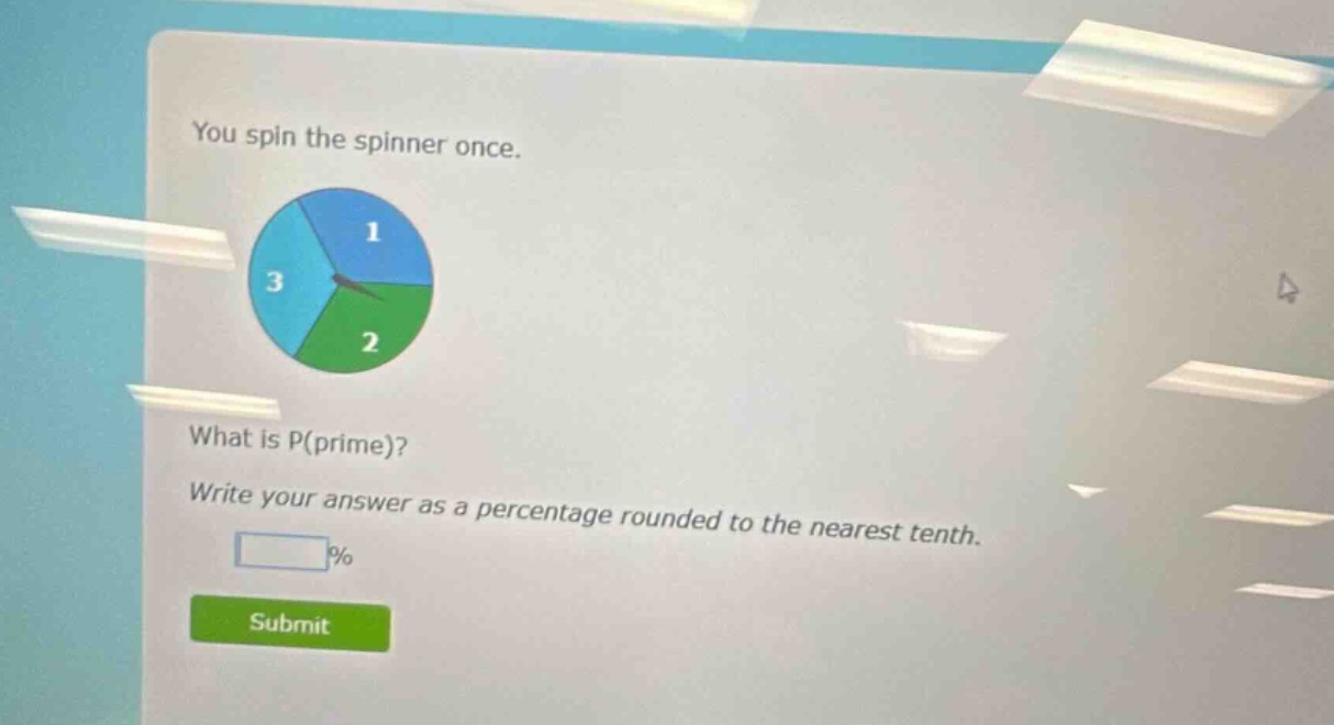 you spin the spinner once. what is p(prime)? write your answer as a percentage rounded to the nearest tenth.