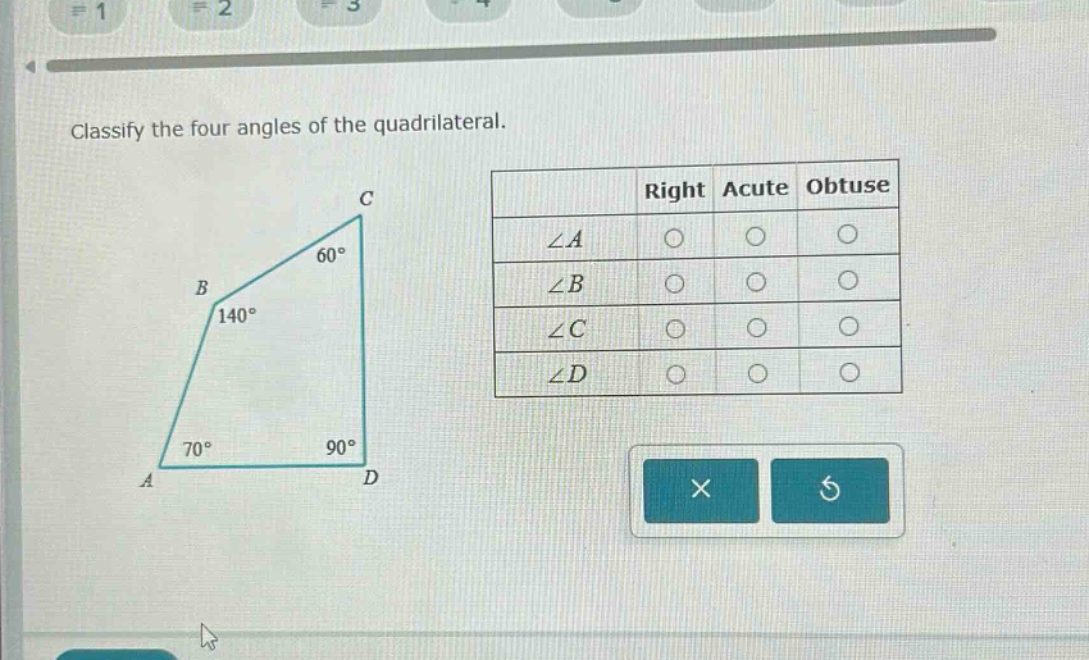 classify the four angles of the quadrilateral.\nright acute obtuse\n∠a\n∠b\n∠c\n∠d