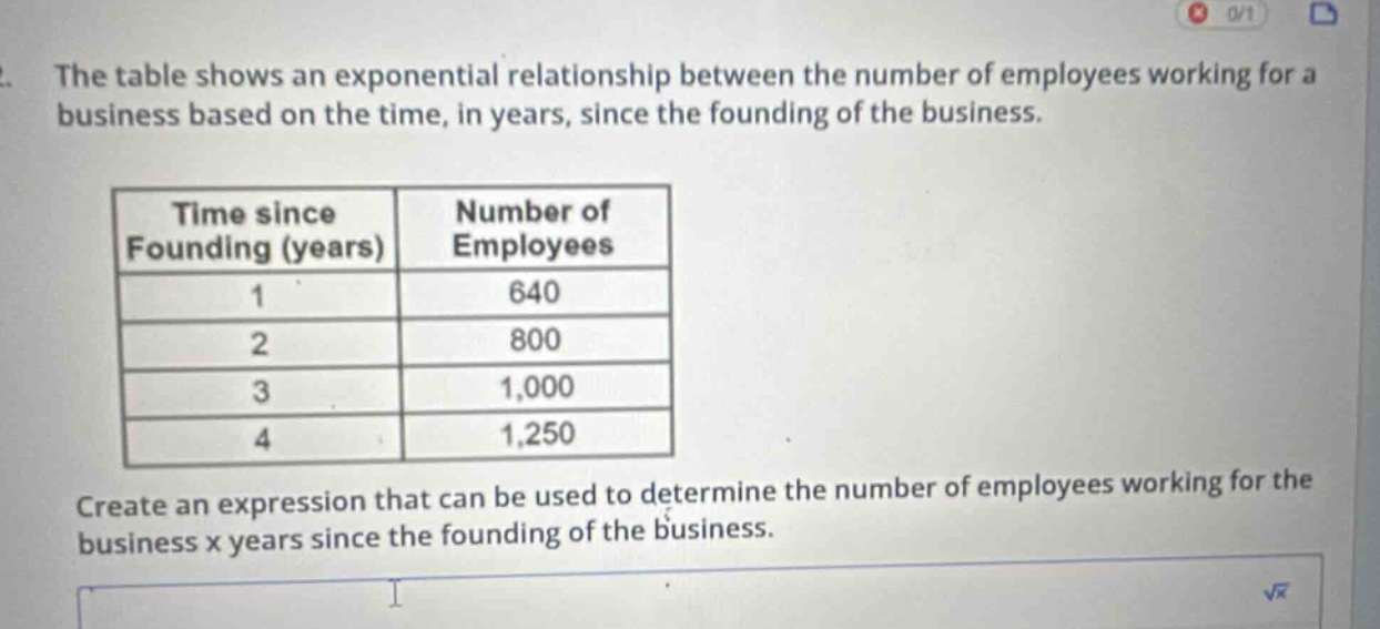 the table shows an exponential relationship between the number of employees working for a business based on the time, in years, since the founding of the business.\n\n| time since founding (years) | number of employees |\n| ---- | ---- |\n| 1 | 640 |\n| 2 | 800 |\n| 3 | 1,000 |\n| 4 | 1,250 |\n\ncreate an expression that can be used to determine the number of employees working for the business x years since the founding of the business.