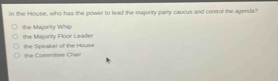 in the house, who has the power to lead the majority party caucus and control the agenda?\n○ the majority whip\n○ the majority floor leader\n○ the speaker of the house\n○ the committee chair