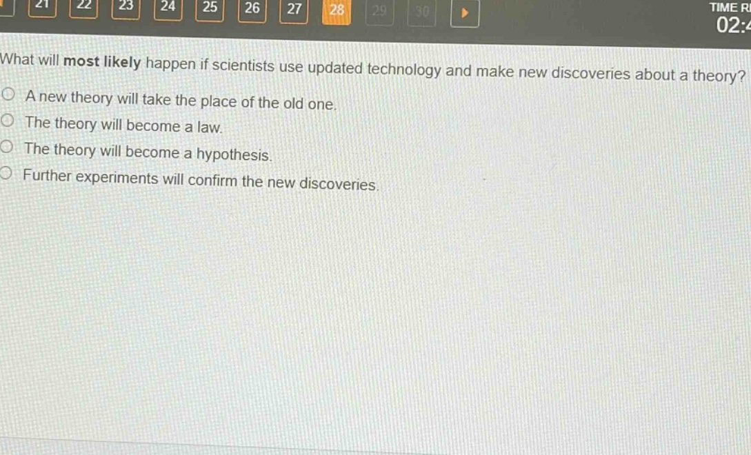 what will most likely happen if scientists use updated technology and make new discoveries about a theory?\na new theory will take the place of the old one.\nthe theory will become a law.\nthe theory will become a hypothesis.\nfurther experiments will confirm the new discoveries.