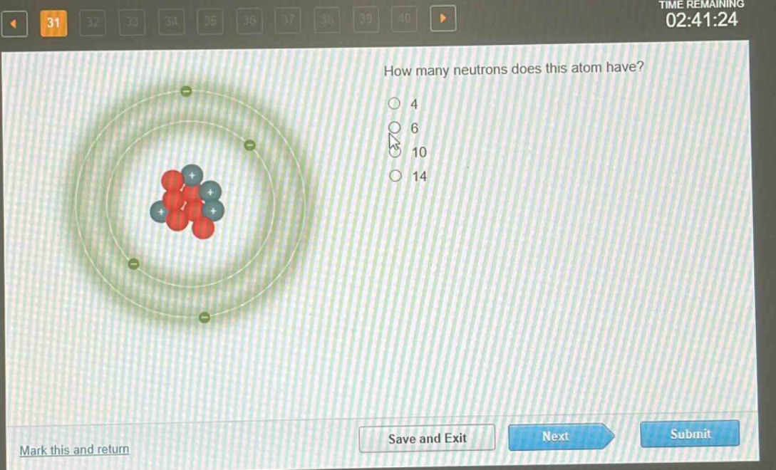 how many neutrons does this atom have?\n4\n6\n10\n14