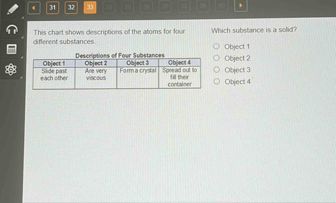 this chart shows descriptions of the atoms for four different substances. which substance is a solid? descriptions of four substances object 1 object 2 object 3 object 4 slide past each other are very viscous form a crystal spread out to fill their container object 1 object 2 object 3 object 4