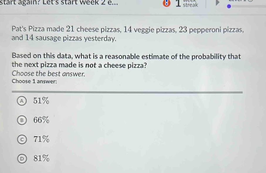 pats pizza made 21 cheese pizzas, 14 veggie pizzas, 23 pepperoni pizzas, and 14 sausage pizzas yesterday. based on this data, what is a reasonable estimate of the probability that the next pizza made is not a cheese pizza? choose the best answer. choose 1 answer: a 51% b 66% c 71% d 81%