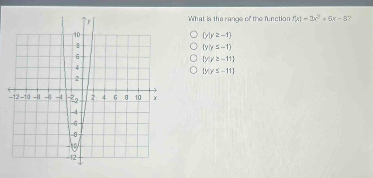 what is the range of the function f(x) = 3x² + 6x - 8?\n{y|y≥ - 1}\n{y|y≤ - 1}\n{y|y≥ - 11}\n{y|y≤ - 11}