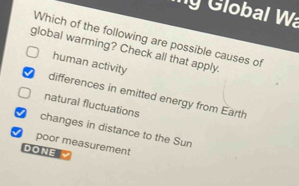 which of the following are possible causes of global warming? check all that apply. human activity differences in emitted energy from earth natural fluctuations changes in distance to the sun poor measurement done