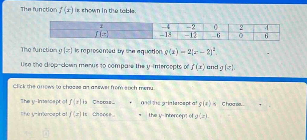 the function $f(x)$ is shown in the table.\n| $x$ | -4 | -2 | 0 | 2 | 4 |\n| $f(x)$ | -18 | -12 | -6 | 0 | 6 |\nthe function $g(x)$ is represented by the equation $g(x)=2(x - 2)^2$.\nuse the drop - down menus to compare the $y$-intercepts of $f(x)$ and $g(x)$.\nclick the arrows to choose an answer from each menu.\nthe $y$-intercept of $f(x)$ is choose... and the $y$-intercept of $g(x)$ is choose...\nthe $y$-intercept of $f(x)$ is choose... the $y$-intercept of $g(x)$.
