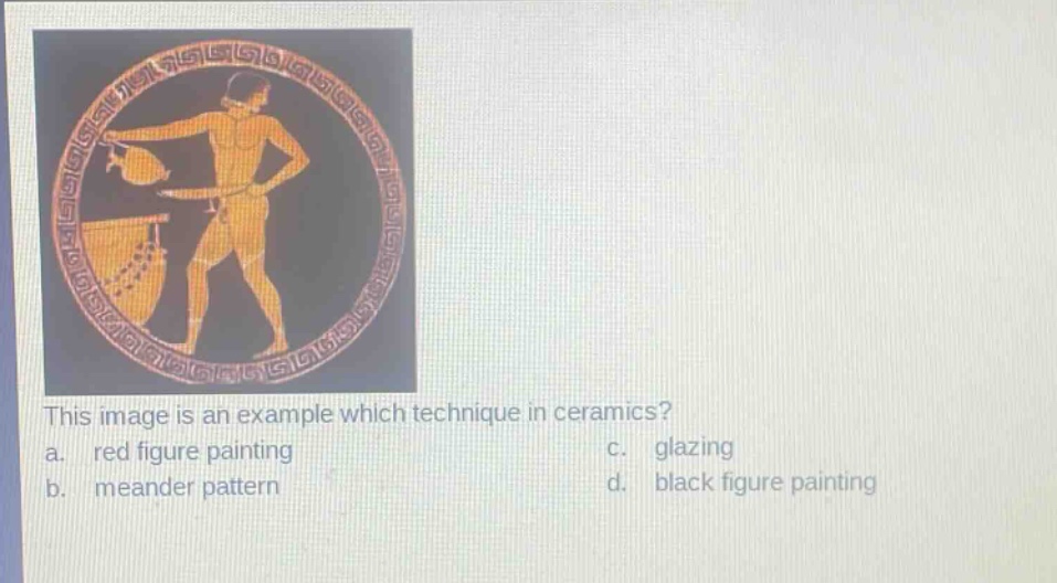 this image is an example which technique in ceramics?\na. red figure painting c. glazing\nb. meander pattern d. black figure painting