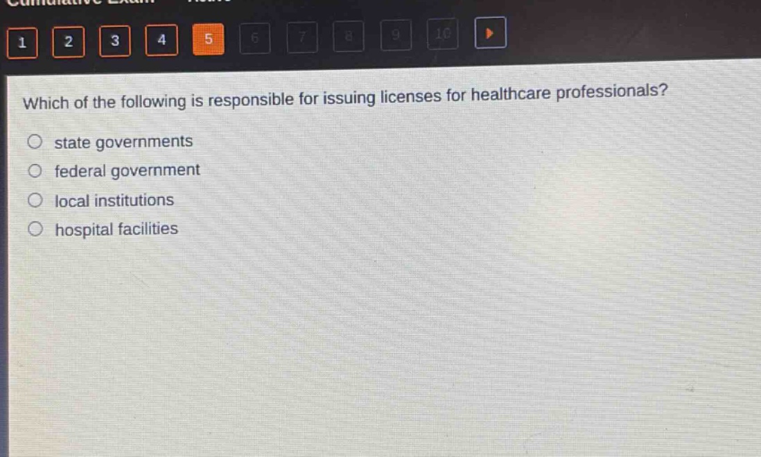 which of the following is responsible for issuing licenses for healthcare professionals?\nstate governments\nfederal government\nlocal institutions\nhospital facilities