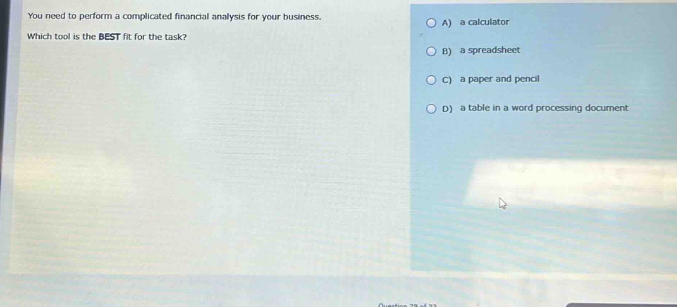 you need to perform a complicated financial analysis for your business. which tool is the best fit for the task? a) a calculator b) a spreadsheet c) a paper and pencil d) a table in a word processing document