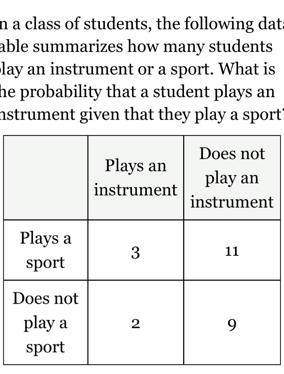 in a class of students, the following data table summarizes how many students play an instrument or a sport. what is the probability that a student plays an instrument given that they play a sport?\n| |plays an instrument|does not play an instrument|\n|--|--|--|\n|plays a sport|3|11|\n|does not play a sport|2|9|
