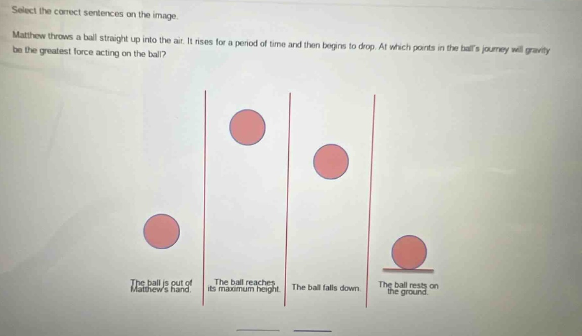 select the correct sentences on the image. matthew throws a ball straight up into the air. it rises for a period of time and then begins to drop. at which points in the balls journey will gravity be the greatest force acting on the ball? the ball is out of matthews hand. the ball reaches its maximum height. the ball falls down. the ball rests on the ground.