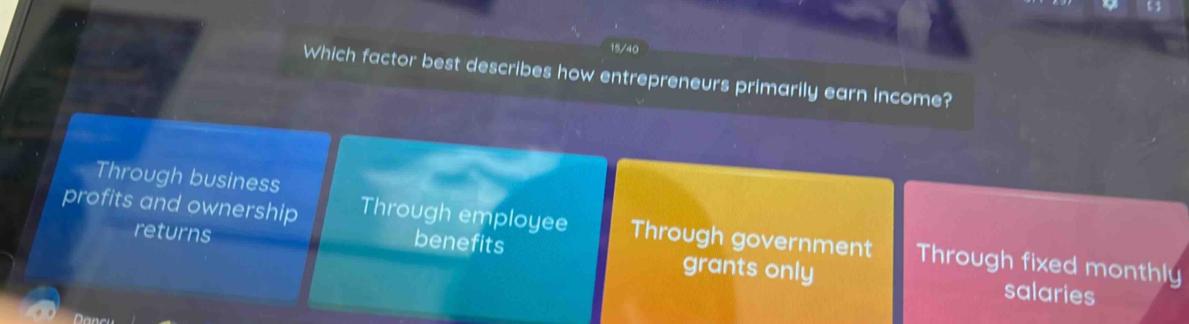 which factor best describes how entrepreneurs primarily earn income? through business profits and ownership returns through employee benefits through government grants only through fixed monthly salaries