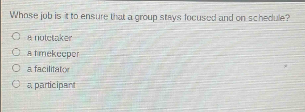 whose job is it to ensure that a group stays focused and on schedule?\n○ a notetaker\n○ a timekeeper\n○ a facilitator\n○ a participant