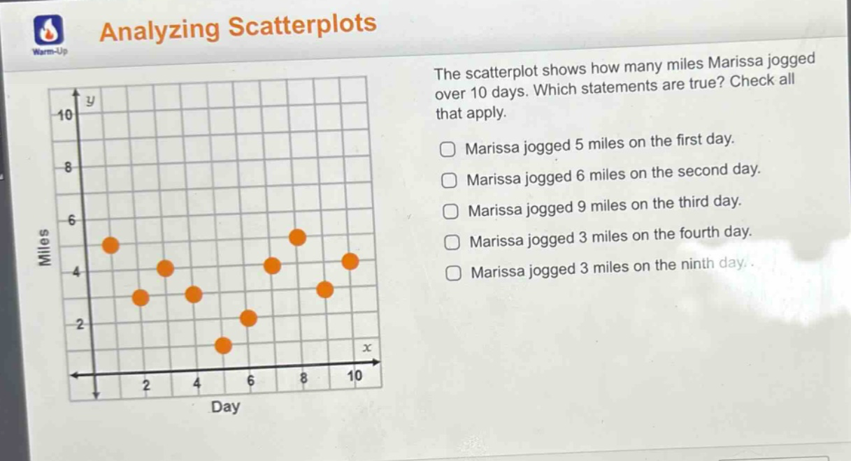 analyzing scatterplots\nthe scatterplot shows how many miles marissa jogged over 10 days. which statements are true? check all that apply.\nmarissa jogged 5 miles on the first day.\nmarissa jogged 6 miles on the second day.\nmarissa jogged 9 miles on the third day.\nmarissa jogged 3 miles on the fourth day.\nmarissa jogged 3 miles on the ninth day.