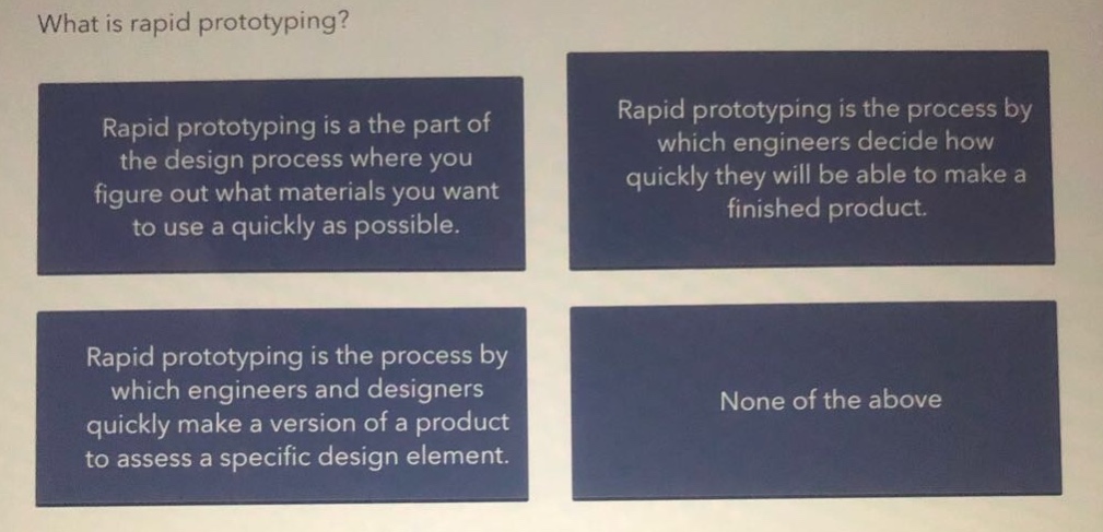 what is rapid prototyping? rapid prototyping is a the part of the design process where you figure out what materials you want to use a quickly as possible. rapid prototyping is the process by which engineers decide how quickly they will be able to make a finished product. rapid prototyping is the process by which engineers and designers quickly make a version of a product to assess a specific design element. none of the above