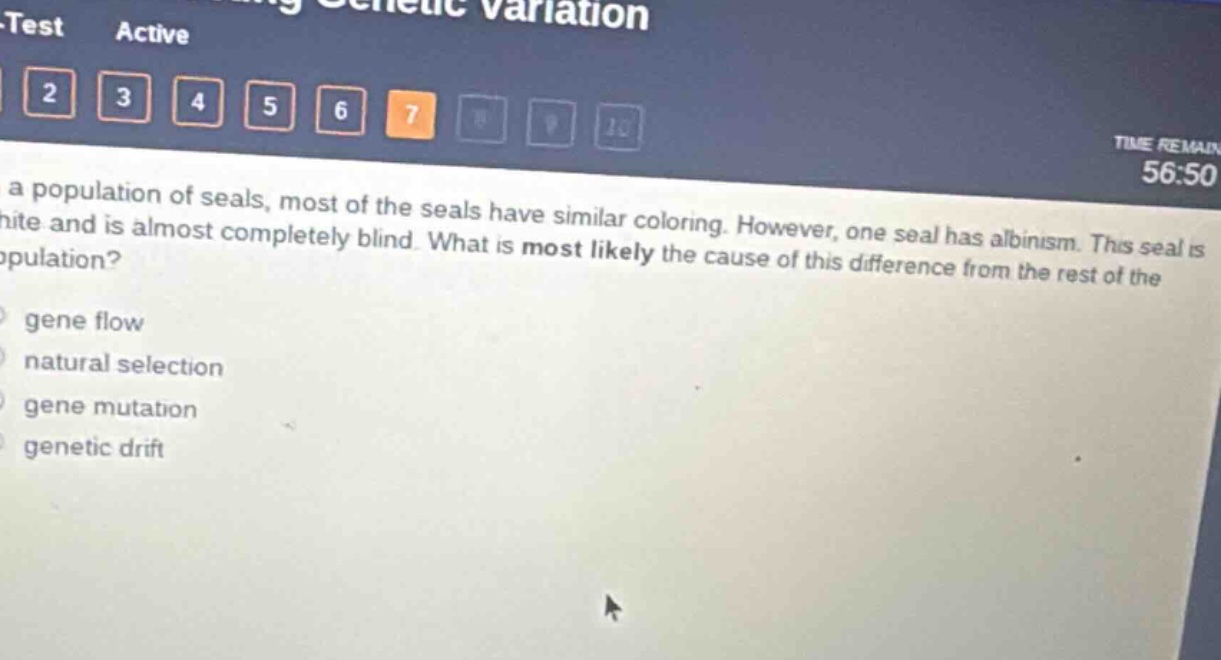 in a population of seals, most of the seals have similar coloring. however, one seal has albinism. this seal is white and is almost completely blind. what is most likely the cause of this difference from the rest of the population?\n- gene flow\n- natural selection\n- gene mutation\n- genetic drift