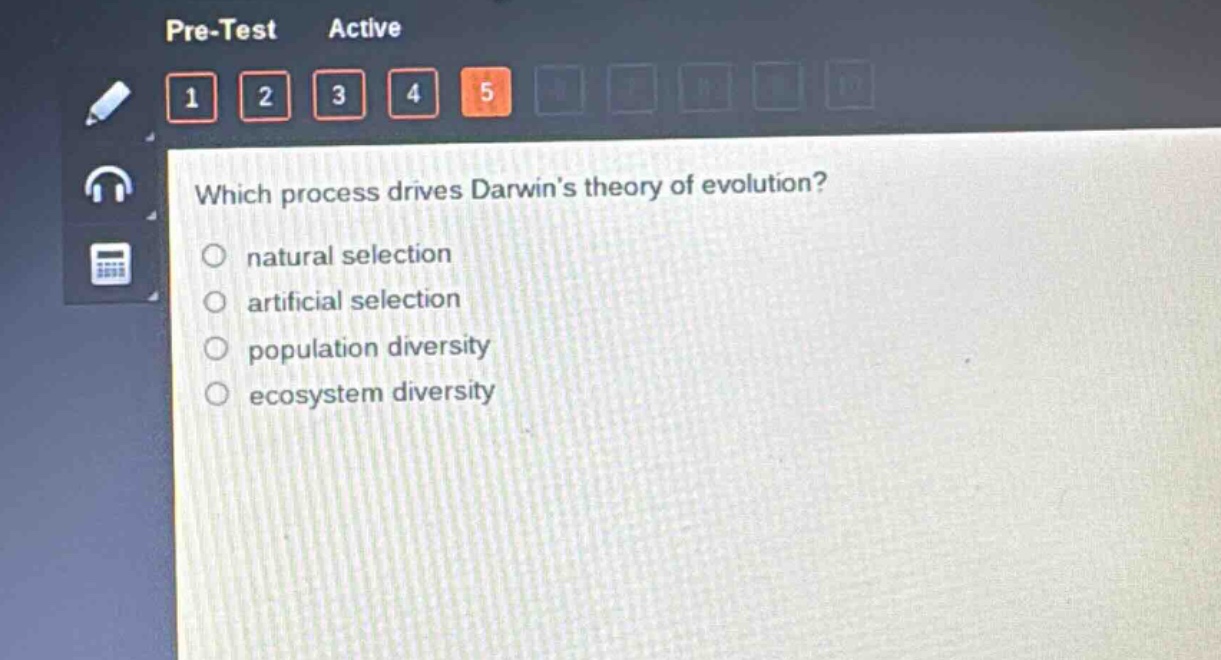which process drives darwins theory of evolution?\nnatural selection\nartificial selection\npopulation diversity\necosystem diversity