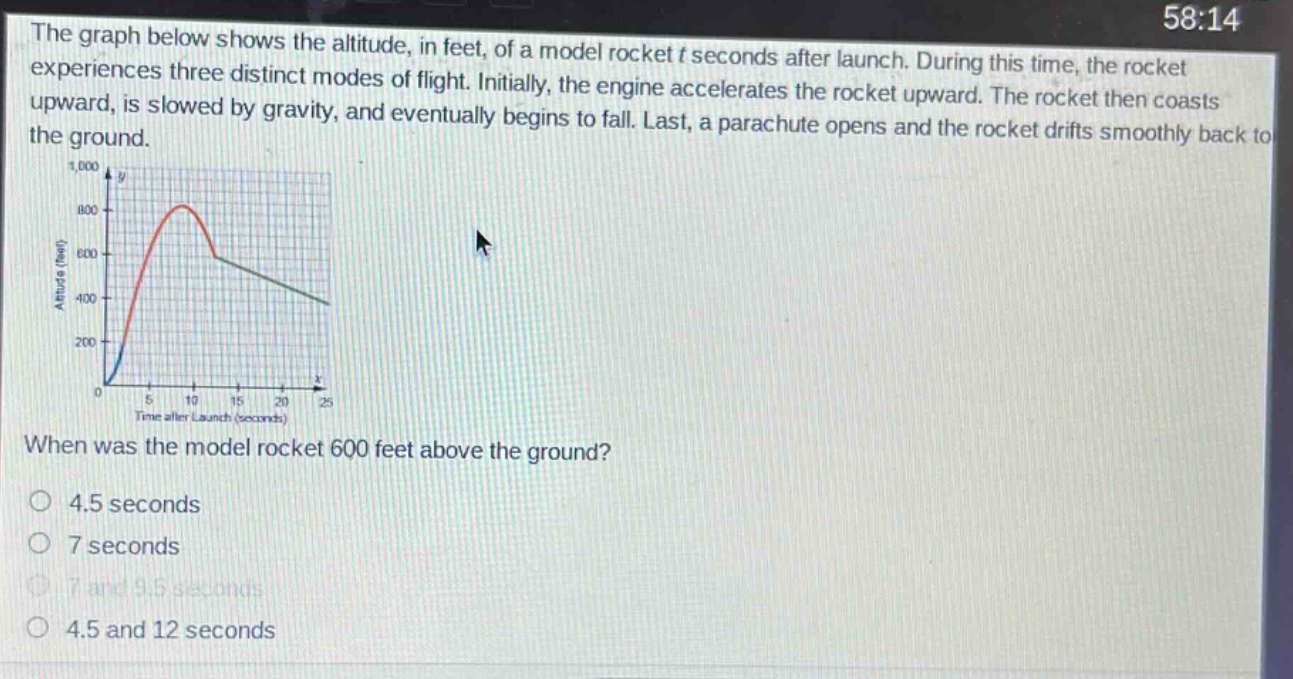 the graph below shows the altitude, in feet, of a model rocket t seconds after launch. during this time, the rocket experiences three distinct modes of flight. initially, the engine accelerates the rocket upward. the rocket then coasts upward, is slowed by gravity, and eventually begins to fall. last, a parachute opens and the rocket drifts smoothly back to the ground. when was the model rocket 600 feet above the ground? 4.5 seconds 7 seconds 7 and 9.5 seconds 4.5 and 12 seconds