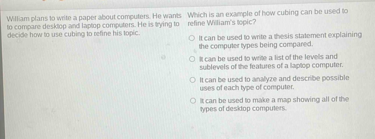william plans to write a paper about computers. he wants to compare desktop and laptop computers. he is trying to decide how to use cubing to refine his topic. which is an example of how cubing can be used to refine williams topic? it can be used to write a thesis statement explaining the computer types being compared. it can be used to write a list of the levels and sublevels of the features of a laptop computer. it can be used to analyze and describe possible uses of each type of computer. it can be used to make a map showing all of the types of desktop computers.