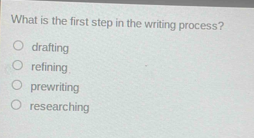 what is the first step in the writing process?\ndrafting\nrefining\nprewriting\nresearching
