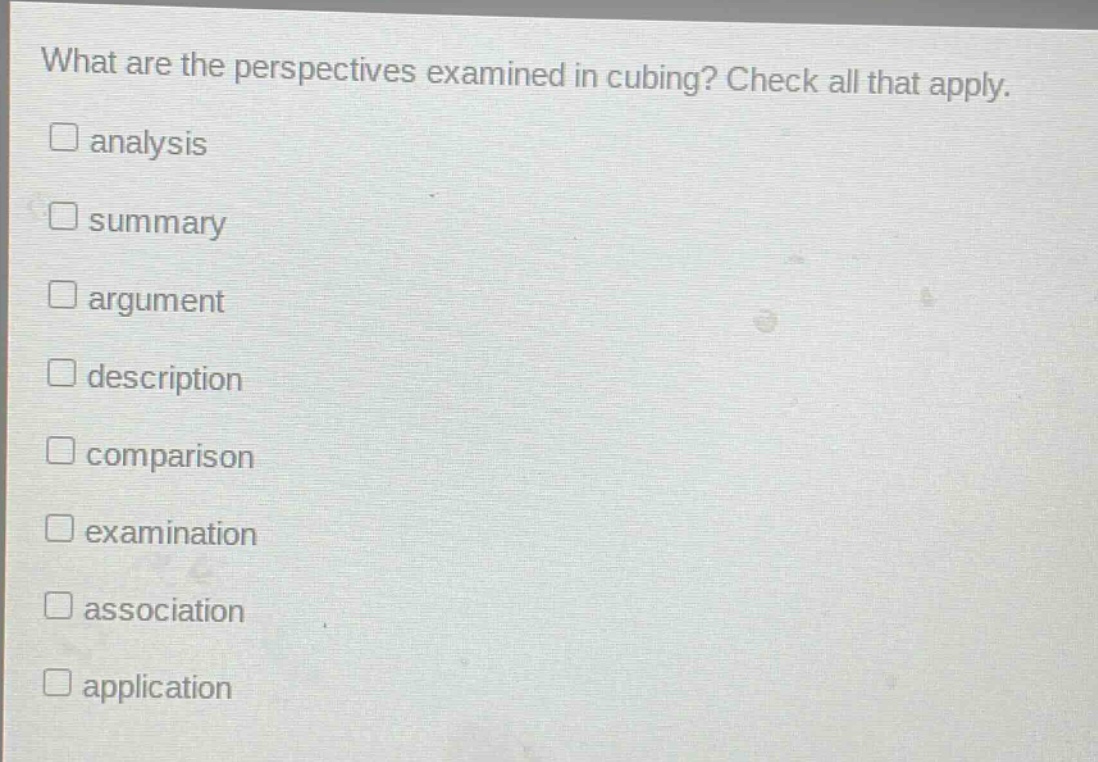 what are the perspectives examined in cubing? check all that apply.\n□ analysis\n□ summary\n□ argument\n□ description\n□ comparison\n□ examination\n□ association\n□ application