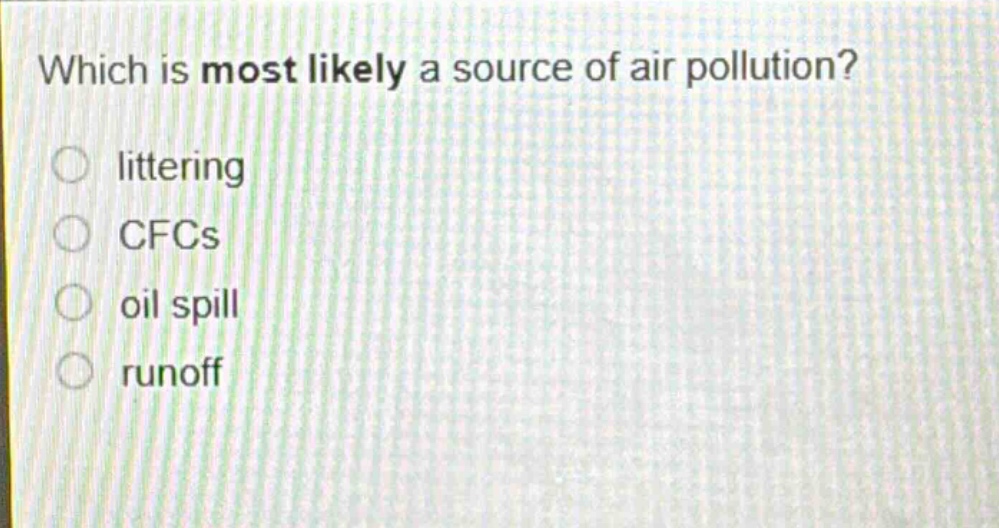 which is most likely a source of air pollution?\nlittering\ncfcs\noil spill\nrunoff