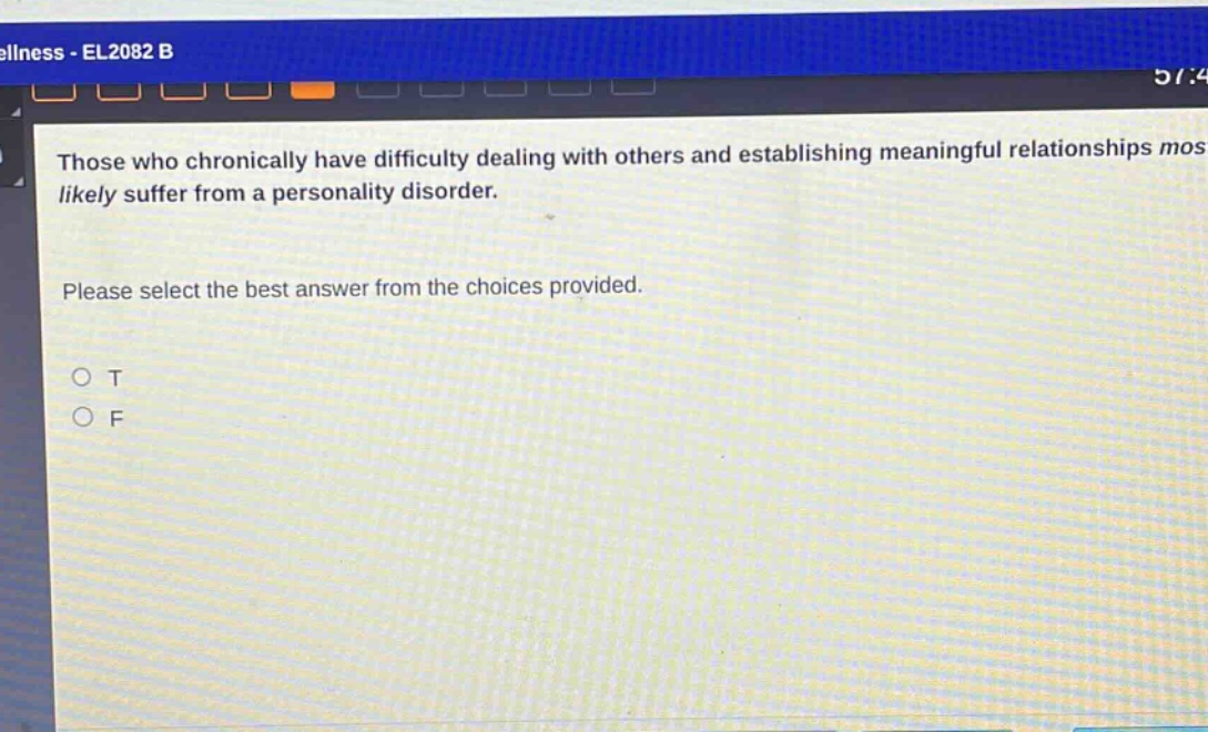 those who chronically have difficulty dealing with others and establishing meaningful relationships most likely suffer from a personality disorder. please select the best answer from the choices provided. o t o f