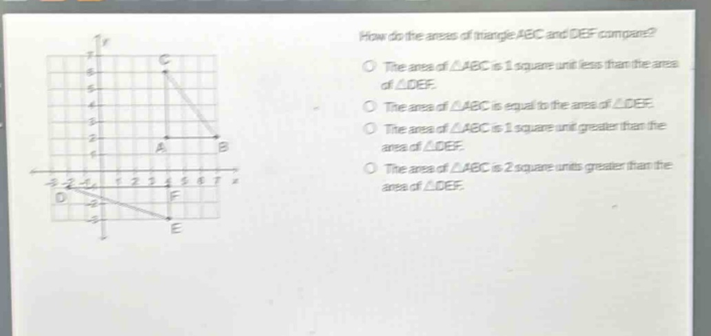 how do the areas of triangle abc and def compare? the area of △abc is 1 square unit less than the area of △def. the area of △abc is equal to the area of △def. the area of △abc is 1 square unit greater than the area of △def. the area of △abc is 2 square units greater than the area of △def.