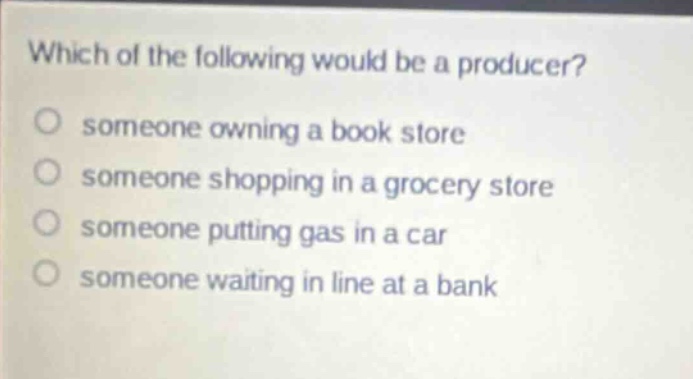 which of the following would be a producer?\no someone owning a book store\no someone shopping in a grocery store\no someone putting gas in a car\no someone waiting in line at a bank
