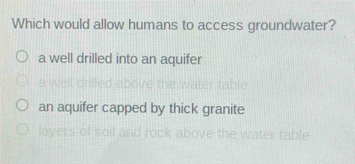 which would allow humans to access groundwater?\n a well drilled into an aquifer\n a well drilled above the water table\n an aquifer capped by thick granite\n layers of soil and rock above the water table