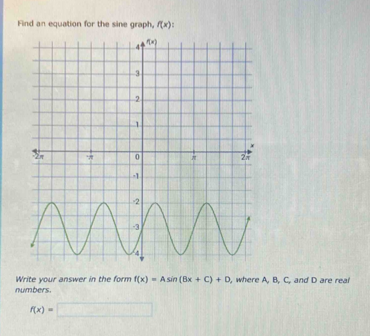 find an equation for the sine graph, f(x):\nwrite your answer in the form f(x) = a sin (bx + c) + d, where a, b, c, and d are real numbers.\nf(x) =