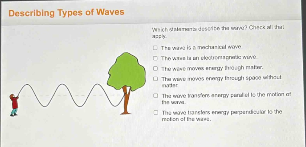 describing types of waves\nwhich statements describe the wave? check all that apply.\nthe wave is a mechanical wave.\nthe wave is an electromagnetic wave.\nthe wave moves energy through matter.\nthe wave moves energy through space without matter.\nthe wave transfers energy parallel to the motion of the wave.\nthe wave transfers energy perpendicular to the motion of the wave.