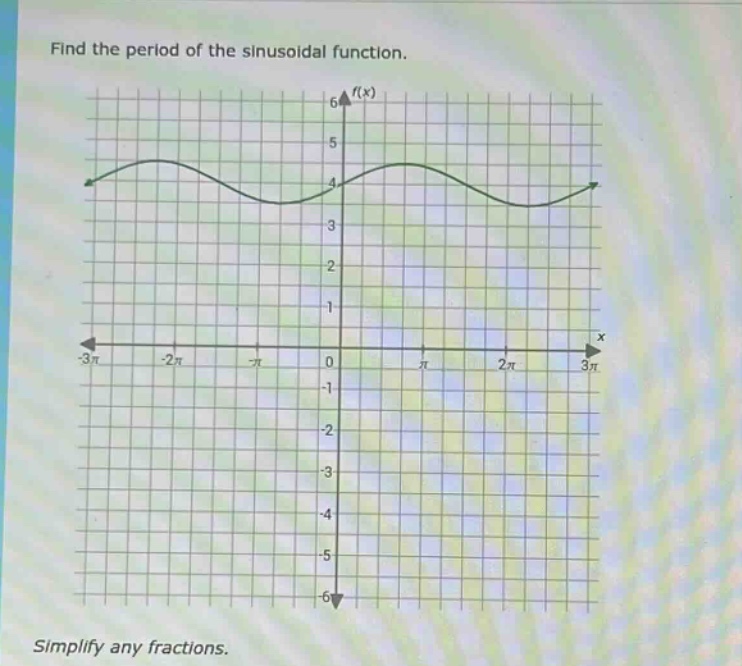 find the period of the sinusoidal function.\nsimplify any fractions.