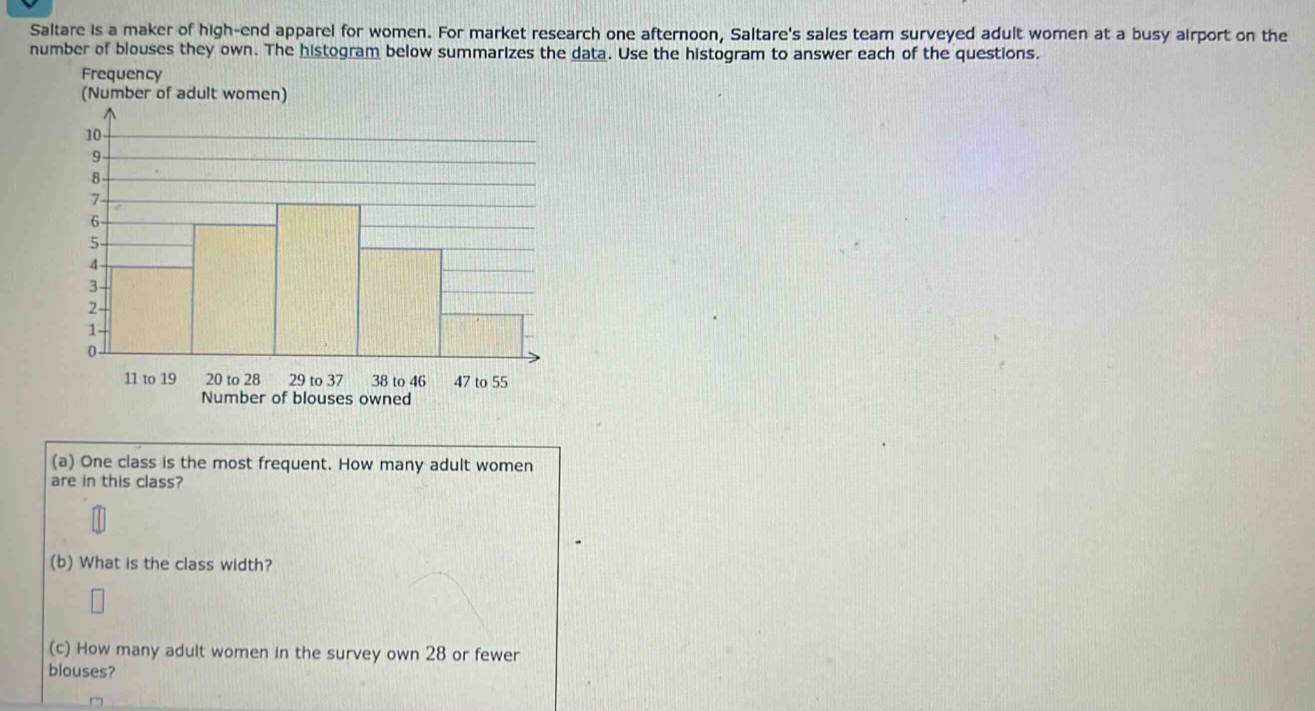 saltare is a maker of high - end apparel for women. for market research one afternoon, saltares sales team surveyed adult women at a busy airport on the number of blouses they own. the histogram below summarizes the data. use the histogram to answer each of the questions.\n(a) one class is the most frequent. how many adult women are in this class?\n(b) what is the class width?\n(c) how many adult women in the survey own 28 or fewer blouses?